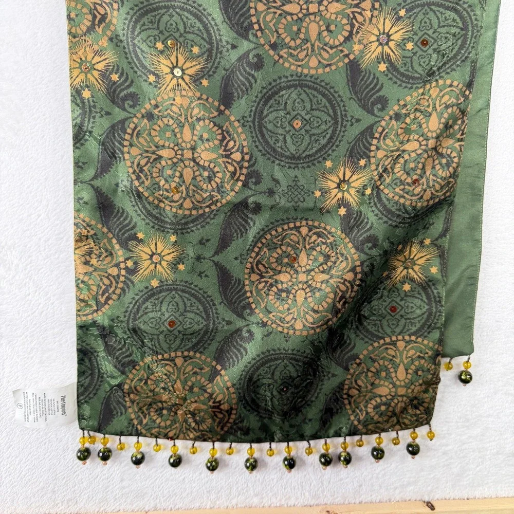 Pier 1 14x74 Table Runner Holiday Medallion Circle Print Beaded Trim Green Gold